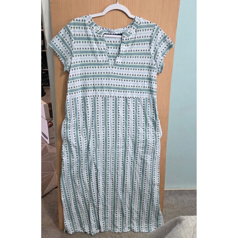 Stan Herman/QVC Size M Ladies Kelly Green 100% Cotton Print Maxi Dress Side Slit